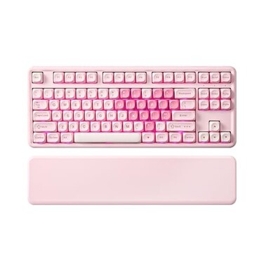 YUNZII B87 Wireless Mechanical KeyboardQMKVIA ProgrammableTKL Layout 87 KeysBT24GUSBCHot Swap Gasket Mount RGB Backlit Gaming with Wrist Rest for WinMac Pink Cocoa Cream V2