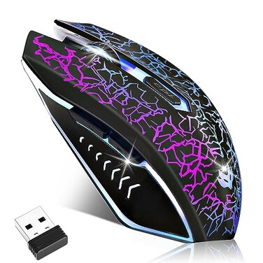 LuLabboard Wireless Gaming Mouse Rechargeable Wireless Computer Mouse 7Color LED Light Ergonomic Mouse with 6 Silent Click Buttons 3 Adjustable 2400 DPI Wireless Mouse for LaptopPCMac Black