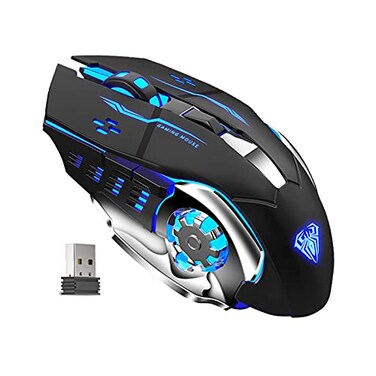 AULA SC100 Silent Wireless Gaming Mouse Rechargeable with Side Buttons LED Backlit DPI Adjustable 24G Wireless Optical Computer Mice Punk Cool Mouse for GamesWork Black