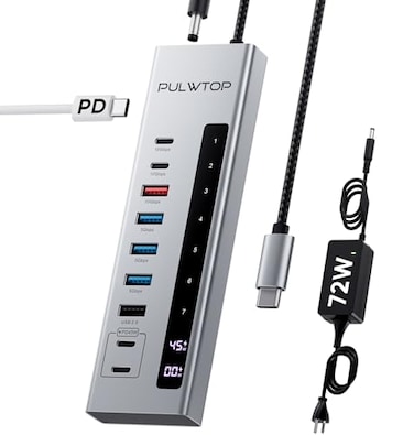 PULWTOP Powered USB C Hub 10in1 USB 32 Data Hub with 3 x USB AC 10Gbps 3 x USBA 5Gbps USB A 20 100W PDin 2 x 2445W TypeC Charging Ports 72W Adapter Included