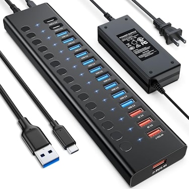 AGEEN Powered USB Hub 16Port USB 30 Hub 10 USBA 302 QC 24W Fast Charging2 Smart Charging2 USBC 30 Ports 12V8A 96W UL Power Adapter for PC Laptop HDD Flash Drive 16Port