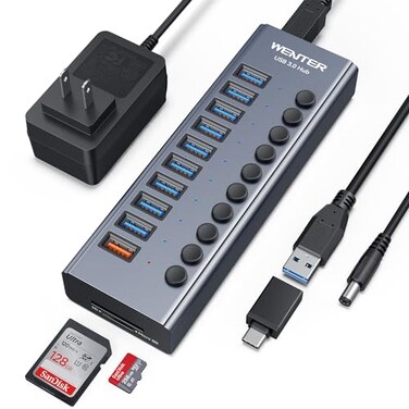 WENTER Powered USB Hub 30 with SDTF Card Reader Aluminum 10 Port Powered USB Hub 9 USB 30 Data Transfer Port 1 USB Fast Charging Port Hub USB 30 Hub for PC Laptop