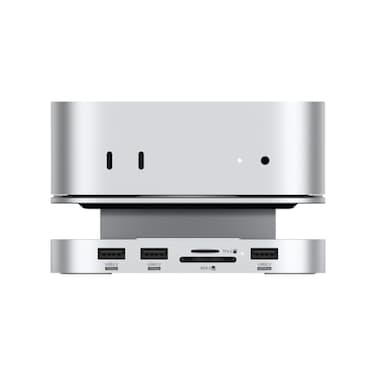 Qwiizlab Aluminum Stand Hub with SSD Enclosure Docking Station for Mac mini M4M4 Pro 2 USBA 10Gbps TFSD 40 Card Readers 312MBs USBA 20 Fits M2 NVMe SSD up to 8TB Silver