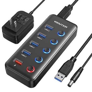 WENTER Powered USB Hub Wenter 5 Ports USB 30 Hub 4 Data Transfer Ports 1 Smart Charging Port with Individual LED OnOff Switches USB Hub 30 Powered with 15W Power Supply for PC MAC