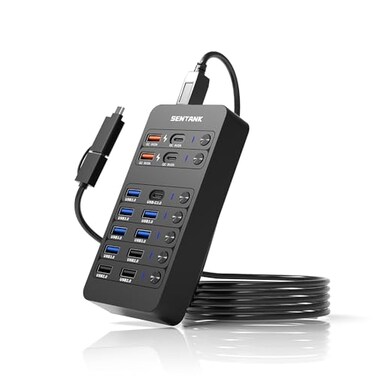 SENTANK Powered USB Hub14 Ports USB Data Hub Splitter with 6 USB 30 Port4 Charging Port1 USBC 30 Data Port1 PD 60W Charging Port w LED Individual OnOff Switches for MacBookMac ProLaptopPC