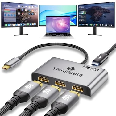THANDBLE USB C to 3 HDMI Adapter with 100W PD Charging Triple 4K60Hz Monitor Extender for DellSurface ProHP HDMI Splitter Extended Display Hub Plug Play Laptop MultiScreen Adapter