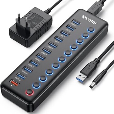 WENTER Powered USB Hub Wenter 11Port USB Splitter Hub 10 Faster Data Transfer Ports 1 Smart Charging Port with Individual LED OnOff Switches USB Hub 30 Powered with Power Adapter for Mac PC