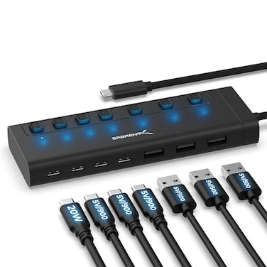 SABRENT 7Port USBC Hub with Power Switches 5Gbps USB 32 48W Powered Hub with 3 USBA 4 USBC Ports 20W PD LED Status Aluminum Body for Mac PC Steam Deck ROG Ally HB3A4C