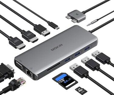 imokin MacBook Pro Docking Station Dual Monitor HDMI Adapter12 in 1 USB C Adapters for MacBook Pro Air Mac HDMI Dock Dongle Dual USB C to Dual HDMI VGA Ethernet AUX 4USB SDTF100W PD