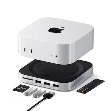 Satechi Mac mini M4 Hub Stand with NVMe SSD Enclosure Mac mini M4 Dock with 2xUSB A Up to 10Gbps USB A Data Port SD Card Reader Optimized SelfCooling Silver