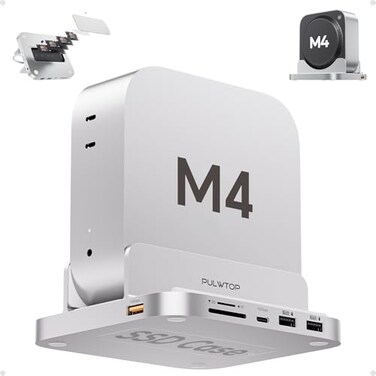 PULWTOP Mac mini M4 Dock with 4TB M2 SSD Enclosure 8in1 Aluminum Vertical USBC Hub for Mac mini M4 Pro Hub Stand with USBAC 32 10Gbps 2xUSBA 20 35mm Audio SDTF SSD NOT Included