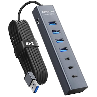 ABFCRTTW 4Ft 7Port USB Hub 30 for Desktop 4 USBA 3 USBC Ports Aluminium 5Gbps USB Extender Hub USB Splitter USB Hub Long Cable for Desktop PC Flash Drive Mobile HDD SSD WindowsXPS