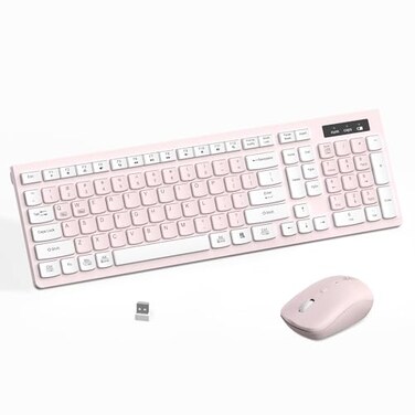 RECCAZR Wireless Keyboard and Mouse Combo Reccazr 24G FullSized Keyboard and Mouse Cordless 3 DPI Adjustable Mouse DualSystem Keyboard for ComputerLaptopWindowsMac Pink White