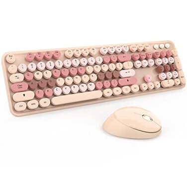 KOOTOP Wireless Keyboard and Mouse Cute Keyboard and Mouse Combo with Retro Round Keycap 24G Connectivity for PC Mac Laptop Computer Windows Milk Tea