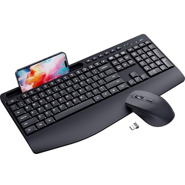LIZRROT Ergonomic Wireless Keyboard and Mouse Combination 24GHz Quiet Full Length Mouse and Keyboard Wrist Stand Phone Holder Compatible with Windows PC Laptops