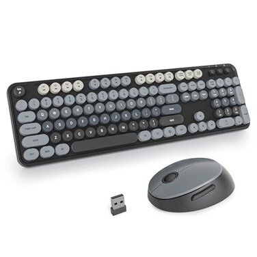 iRoboosta Black Wireless Keyboard and Mouse Combo Set 24GHz Cute Typewriter Keyboard with Round Keycaps Full Size with Number Pad Home and Office Aesthetic Keyboards Gradient Black Grey