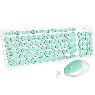 FD Wireless Keyboard and Mouse Combo 24GHz USB Cordless Cute Round Keys Quiet and Slim Set for Laptop Computer TV and Mac Mint Green White