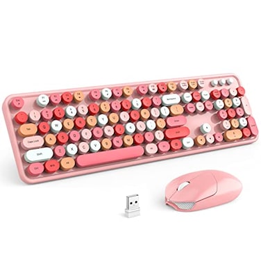 KNOWSQT Wireless Keyboard and Mouse Combo Pink 104 Keys FullSized 24 GHz Round Keycap Colorful Keyboards USB Receiver Plug and Play for Windows Mac PC Laptop Desktop