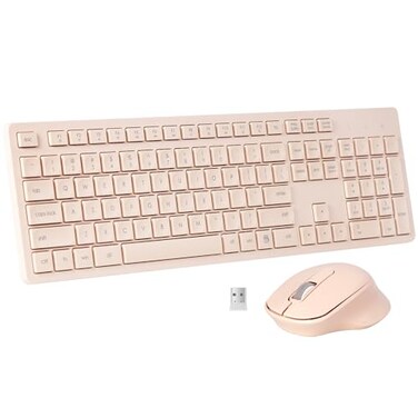 HUO JI Wireless Keyboard and Mouse Combo Quiet and Soft 24G FullSize Computer Keyboard and Ergonomic Wireless Mouse for Windows Mac DesktopLaptopPCPS Peach