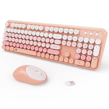 FOPETT 24GHz Wireless Keyboard and Mouse Set with Switch Button FullSize Keyboard Compatible for WindowsLaptopPCNotebookSmart TV and More Pink