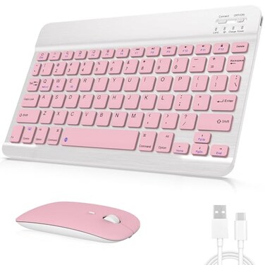 GOGARA Rechargeable Bluetooth Keyboard and Mouse Combo Universal UltraSlim Wireless Keyboard Mouse Set for Android Windows iPad iPhone Samsung Tablet Portable Compact Keyboard Set Pink