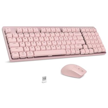 LeadsaiL Wireless Keyboard and Mouse Combo 24Ghz Cordless Mechanical Keyboard and Silent Mouse for Business LowProfile Red Switch 98Key Compact Slim Keyboard for WindowsMacOS PC Laptop Pink