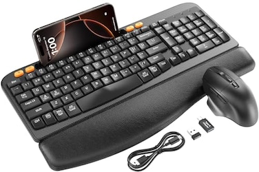 SABLUTE Wireless Keyboard and Mouse Combo Ergonomic Wave Keys Cushioned Palm Rest Rechargeable Phone Holder Natural Typing 24G LagFree MA22 Plus Full Size Keyboards Set for WindowsMac
