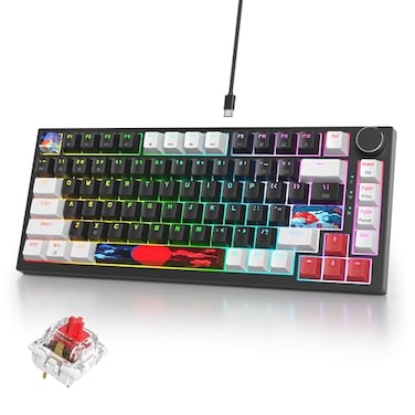 iRoboosta 75 Mechanical Gaming Keyboard Hot Swappable RGB Backlit Custom Keyboard with Knob Gasket Mount USB Wired 82 Keys White Black Linear Red Switch