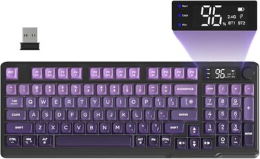 FREEWOLF M96 Wireless Gaming Keyboard Creamy Membrane with Rainbow BacklightMedia KnobLCD ScreenDual ModeBluetooth24GhzBall Shape PBT Keycap 94 Key ANSI Layout for Win Mac PC GamerPurple