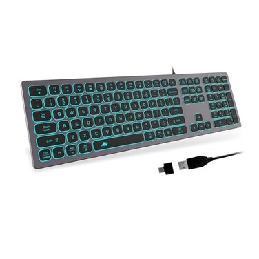 POWZAN Aluminum Quiet Wired Slim Chiclet Keyboard Compatible with Apple iMac MacBook Mac and PC USB Numeric Keypad RGB Lighted Key Space Gray