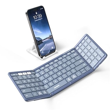 Samsers Foldable Bluetooth Keyboard with Numeric Keypad FullSize Wireless Folding PU Leather Portable Travel for iOS Android Windows Mac OS Support 3 DeviceBT51 x 3 Blue