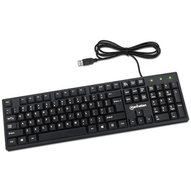 Manhattan Wired Computer Keyboard Basic Black Keyboard with 45ft USBA Cable 104keys Foldable Stands Compatible for Windows PC Laptop 179324