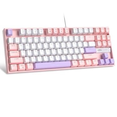 MageGee 75 Mechanical Gaming Keyboard Red Switch LED Blue Backlit 87 Keys Compact TKL Wired Computer Keyboards for Windows Laptop PC Gamer WhitePink
