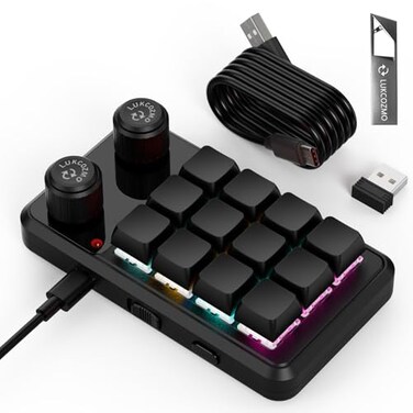 LUKCOZMO Macro Pad Macropad Programmable Keypad Customized 12Key Mini Mechanical Gaming One Handed Keyboard RGB OSU Micro Keyboard Knob Wireless ReceiverType C 1m CableUpdate Software in USB DriveBlac
