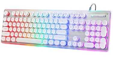 ANSWK Typewriter Style Keyboard with Metal Panel Rainbow LED Backlit Round Keys Antighosting Spill Resistant Light Up USB Wired Retro 104 Keys for OfficeGaming WhiteSilver