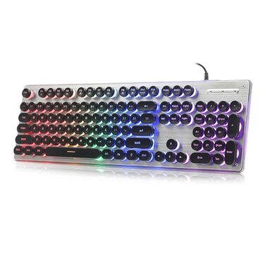 ANSWK Typewriter Style Keyboard with Metal Panel Rainbow LED Backlit Round Keys Antighosting Spill Resistant Light Up USB Wired Retro 104 Keys for OfficeGaming BlackSilver
