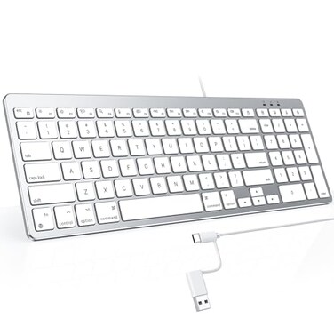 OMOTON Wired Keyboard Compatible with Mac with Dual Interface USB and TypeC Numeric Keypad Compatible with MacBook ProAir iMac Mac miniPro Laptop Silver