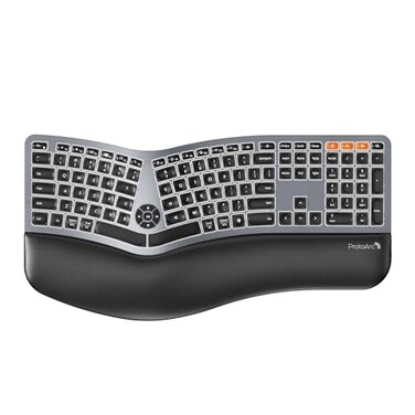 ProtoArc Backlit Bluetooth Ergonomic Keyboard EK01 Plus Full Size Wireless Split Keyboard with Dual Bluetooth and USB Cushioned Wrist Rest Rechargeable for WindowsMacAndroid Grey Black