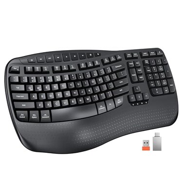 MEETION Wireless Ergonomic Keyboard Wave Keys Firm Wrist Rest for Natural Typing 24G USBA Cordless Receiver and USBC Adapter Ergo Computer Keyboard Compatible with WindowsMacPCLaptop Black