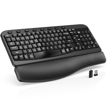 SABLUTE Wireless Keyboard Ergonomic Wave Keyboards with Cushioned Wrist Rest 24GHz USB Computer Wave Key Board for Windows Mac Chrome PC Laptop Tablet Black Full Size Teclado Inalmbrico