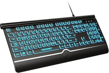 TECKNET Large Print Backlit Keyboard Wired USBA Computer Keyboard with Wrist Rest 7Color Backlit Oversized Letter Keys Easy to See PlugandPlay Silent Light Up Keyboard for WindowsPCLaptop