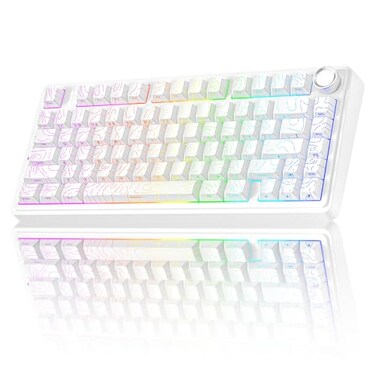 AULA F75 Pro Wireless Mechanical Keyboard with Knob75 Hot Swappable Custom Gaming KeyboardsRGB BacklitPrelubed SwitchesSide Printed PBT Keycaps Creamy Sounding Computer Keyboard Line White