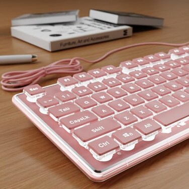 SEUNKWANG Wired Backlit Keyboard with Pudding Keycaps Quiet Full Size Computer Keyboard White Backlight EasytoRead Never Fade Metal Panel USB Cute Desk Setup for Windows PC Desktop Pink