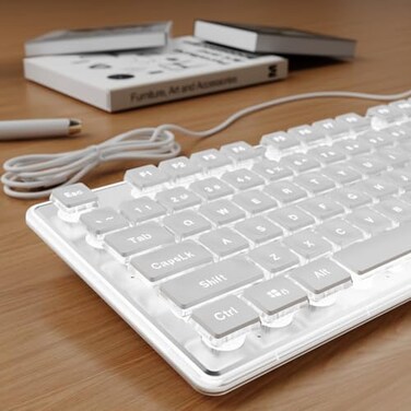 SEUNKWANG Wired Backlit Keyboard with Pudding Keycaps Quiet Full Size Computer Keyboard White Backlight EasytoRead Never Fade Metal Panel USB Cute Desk Setup for Windows PC Desktop White