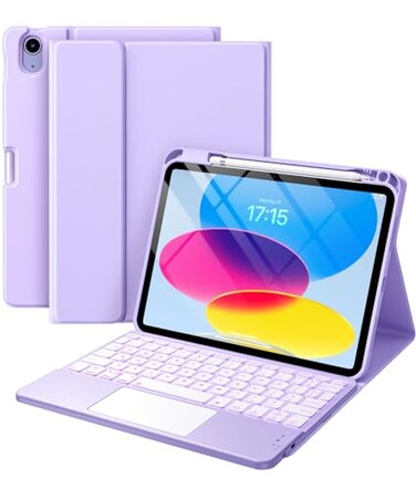 Harvopu Compatible for iPad 11th 10th Generation Case with Keyboard Folio Cover with Pencil Holder MultiTouch Trackpad 7 Color Backlit Detachable Keyboard for iPad A16 11th10th Gen Purple