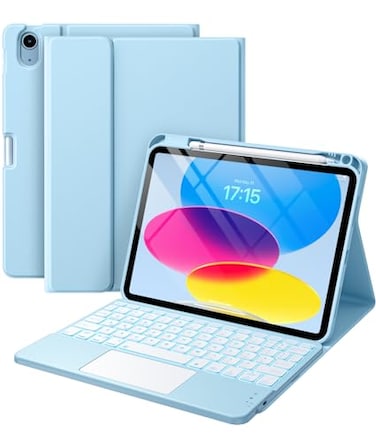 Harvopu Compatible for iPad 11th 10th Generation Case with Keyboard Folio Cover with Pencil Holder MultiTouch Trackpad 7 Color Backlit Detachable Keyboard for iPad A16 11th10th Gen Sky Blue
