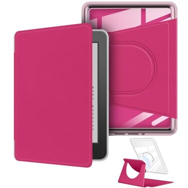 YoungMe 360 Degree Rotating Case for 68 Kindle Paperwhite 11th Generation2021 Release Detachable Magnetic Design Protective Adjustable Stand Cover Clear Back with Auto SleepWake Raspberry