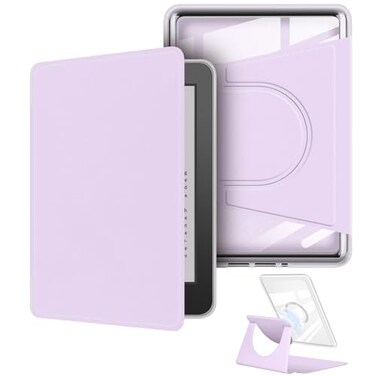 YoungMe 360 Degree Rotating Case for 7 Kindle Paperwhite 12th Generation2024 Release Detachable Magnetic Design Protective Adjustable Stand Cover Clear Back with Auto SleepWake Light Purple