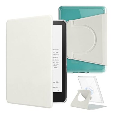 HOICHOE 360 Rotating Case for AllNew 7 Kindle Paperwhite 12th Gen 2024 Kindle Colorsoft SE PU Leather Magnetic Detachable Stand Cover Clear Hard Back Shell Auto SleepWake Creamy White