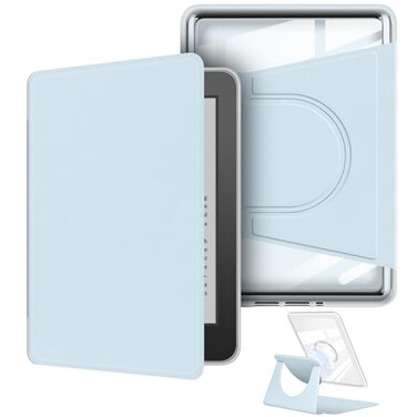 YoungMe 360 Degree Rotating Case for 6 Kindle 11th Generation2024 Release Detachable Magnetic Design Protective Adjustable Stand Cover Clear Back with Auto SleepWake Light Blue